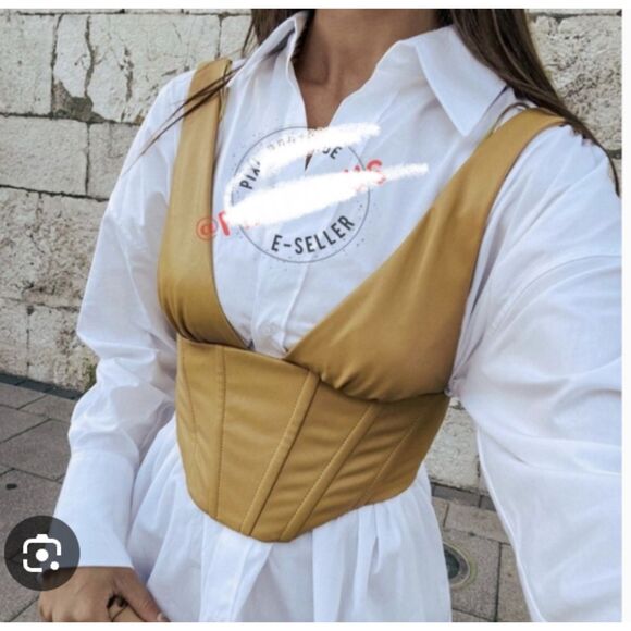 ZARA Faux Leather Mustard Corset Top Size XS - Picture 1 of 8